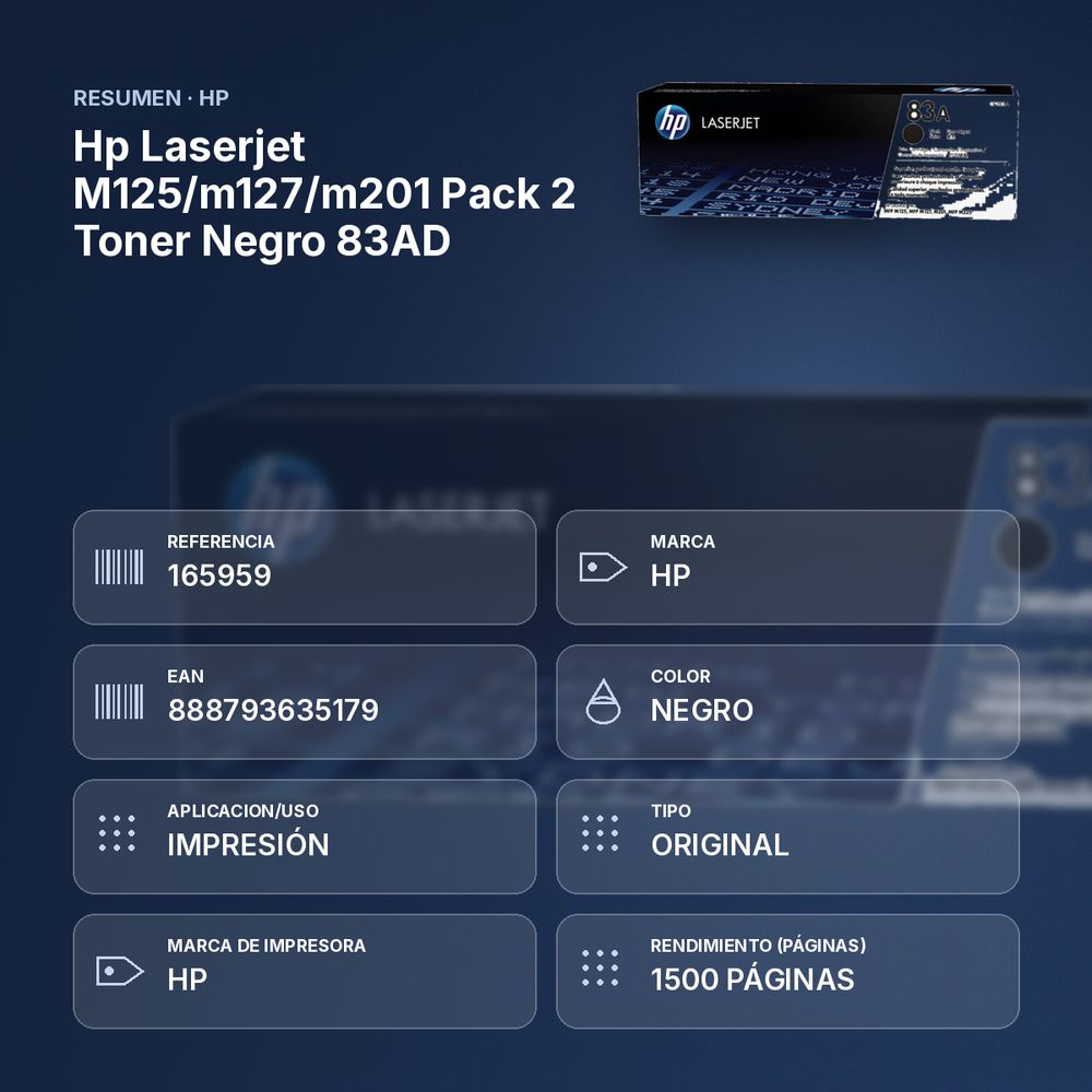 HP LASERJET M125/M127/M201 PACK 2 TONER NEGRO 83AD - resumen de atributos