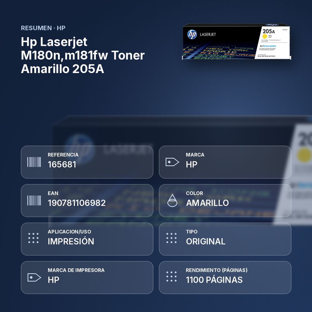 HP LASERJET M180N,M181FW TONER AMARILLO 205A - resumen de atributos