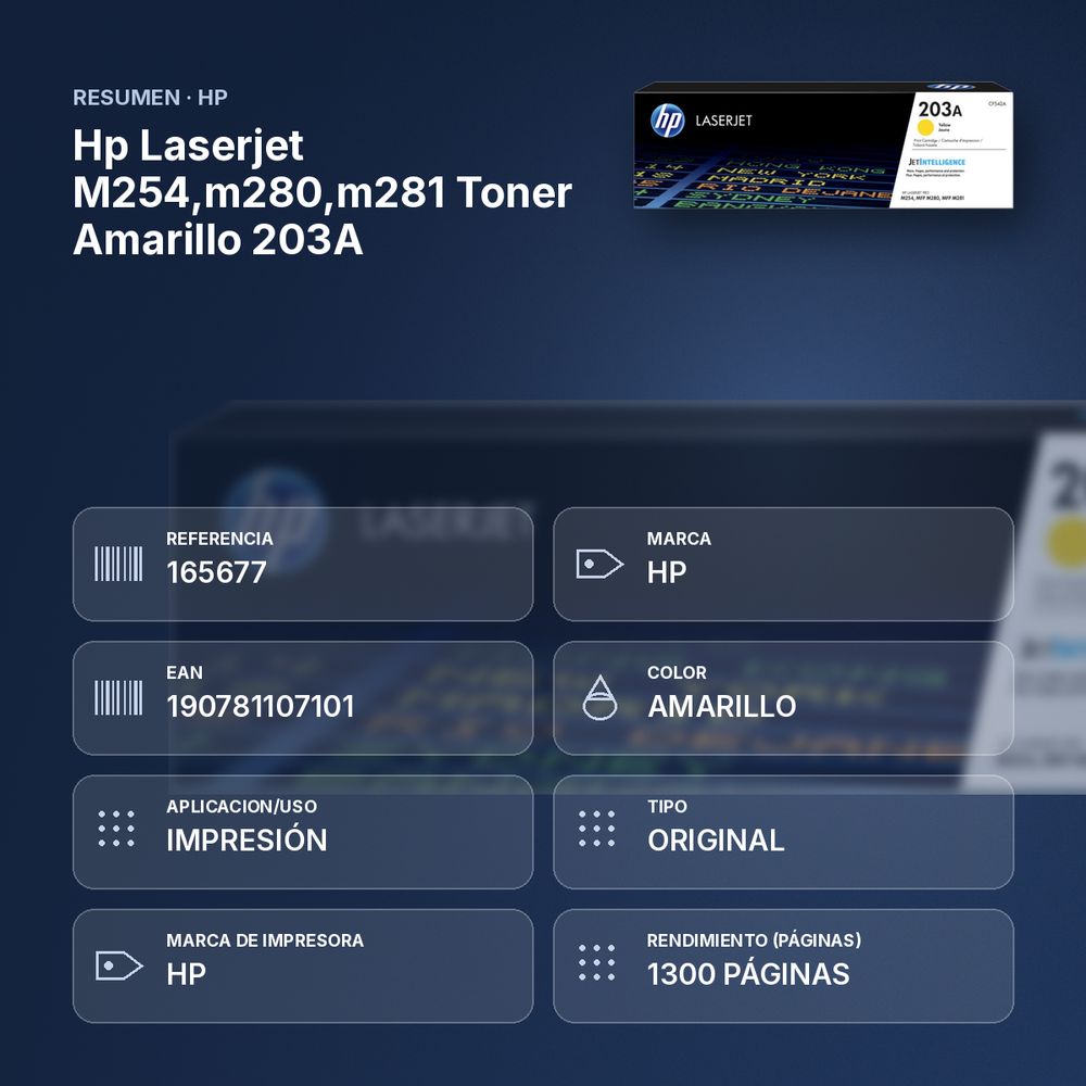 HP LASERJET M254,M280,M281 TONER AMARILLO 203A - resumen de atributos