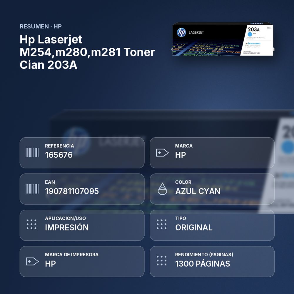 HP LASERJET M254,M280,M281 TONER CIAN 203A - resumen de atributos