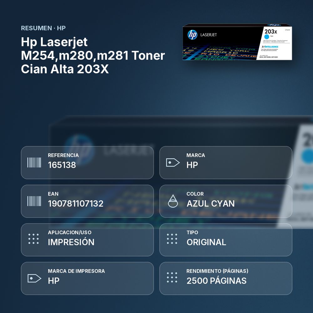 HP LASERJET M254,M280,M281 TONER CIAN ALTA 203X - resumen de atributos