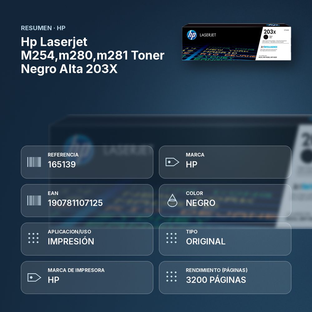 HP LASERJET M254,M280,M281 TONER NEGRO ALTA 203X - resumen de atributos