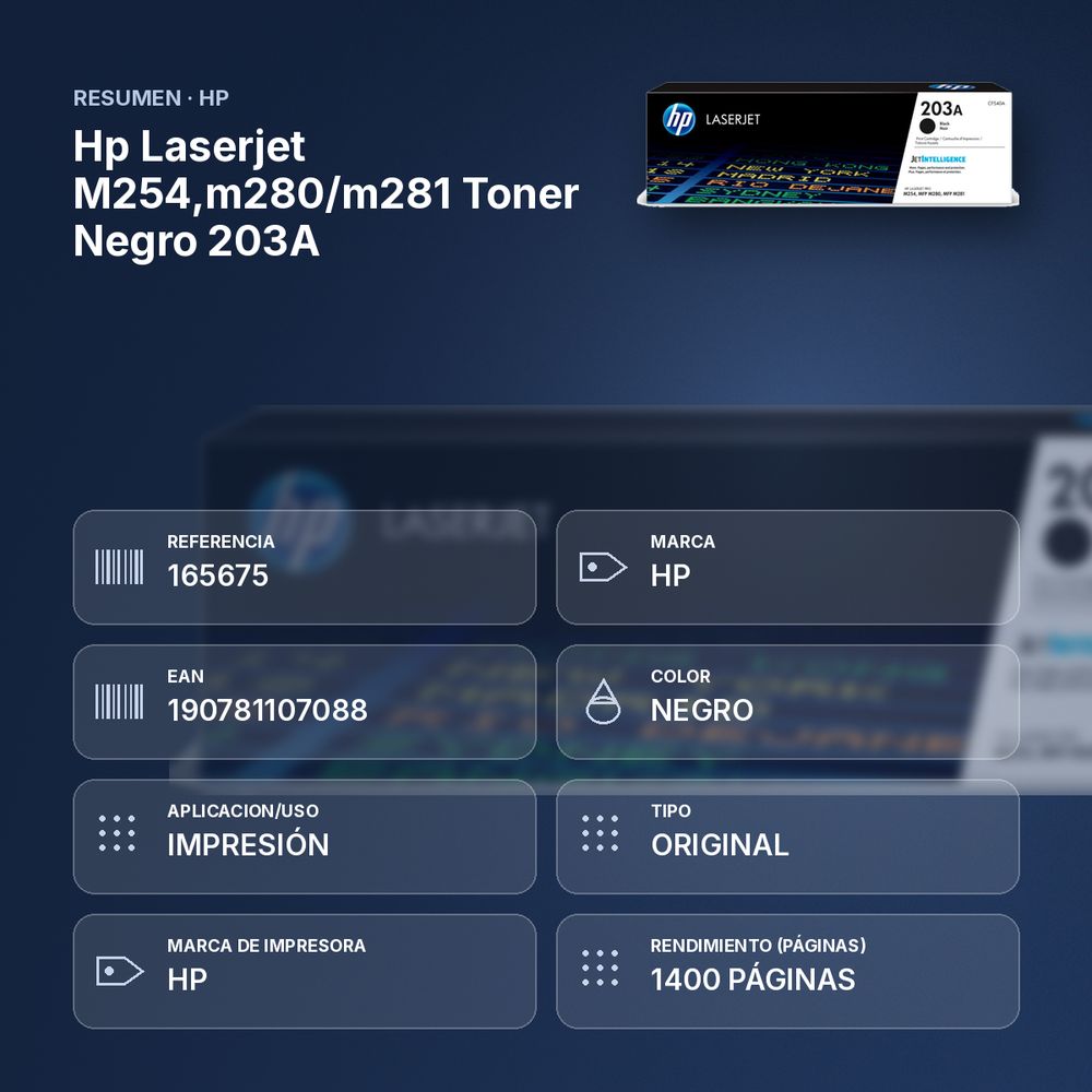 HP LASERJET M254,M280/M281 TONER NEGRO 203A - resumen de atributos