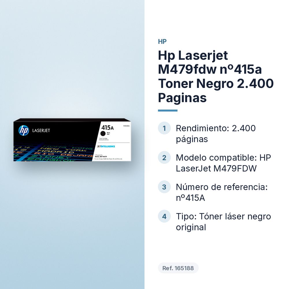 HP LASERJET M479FDW Nº415A TONER  NEGRO 2.400 PAGINAS - características principales