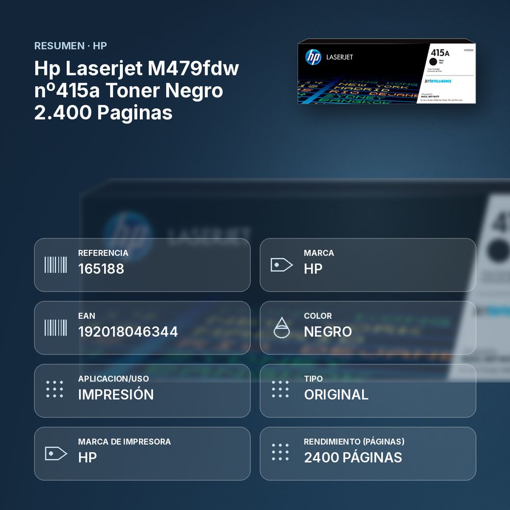HP LASERJET M479FDW Nº415A TONER  NEGRO 2.400 PAGINAS - resumen de atributos