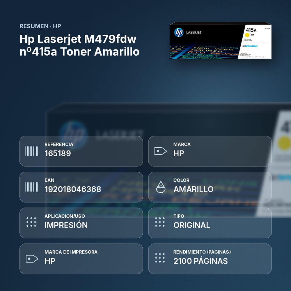 HP LASERJET M479FDW Nº415A TONER AMARILLO - resumen de atributos