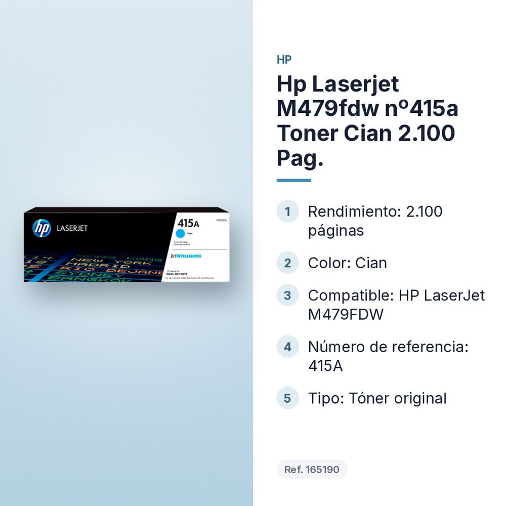 HP LASERJET M479FDW Nº415A TONER CIAN 2.100 PAG. - características principales
