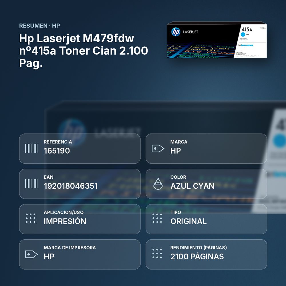 HP LASERJET M479FDW Nº415A TONER CIAN 2.100 PAG. - resumen de atributos