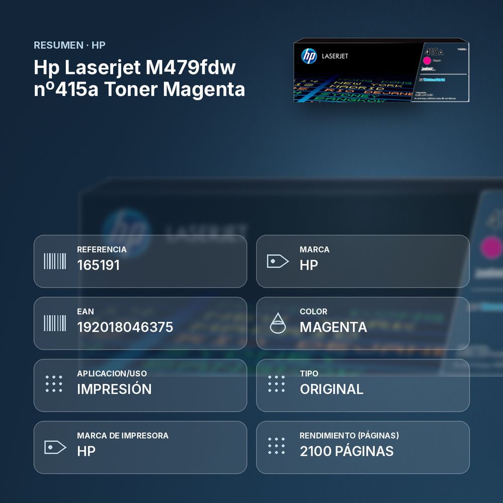 HP LASERJET M479FDW Nº415A TONER MAGENTA - resumen de atributos