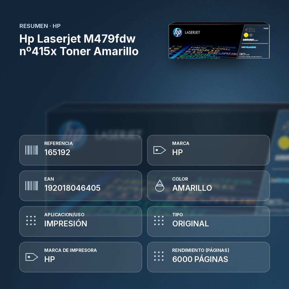 HP LASERJET M479FDW Nº415X TONER AMARILLO - resumen de atributos