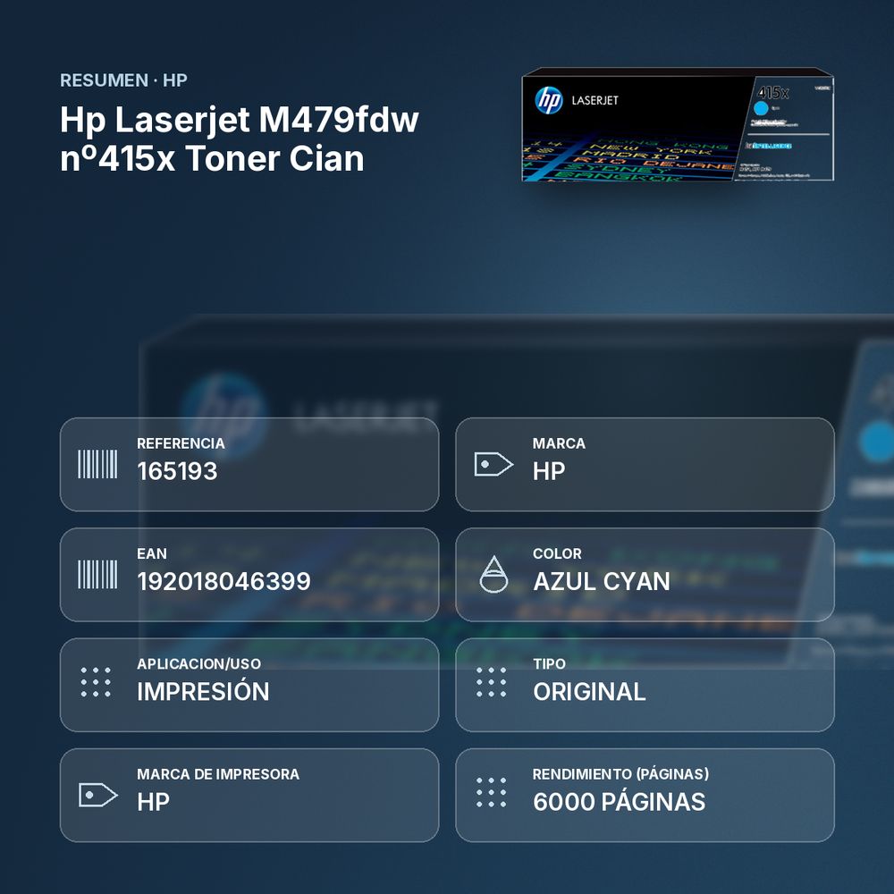HP LASERJET M479FDW Nº415X TONER CIAN - resumen de atributos