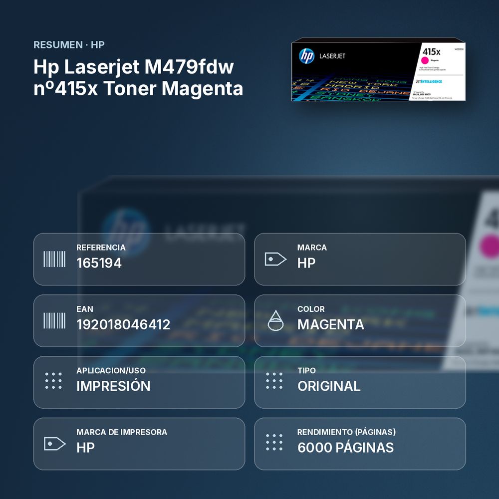 HP LASERJET M479FDW Nº415X TONER MAGENTA - resumen de atributos
