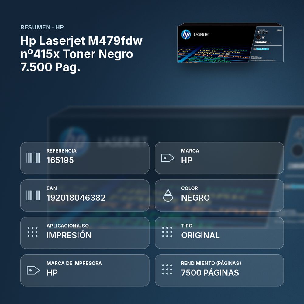 HP LASERJET M479FDW Nº415X TONER NEGRO 7.500 PAG. - resumen de atributos