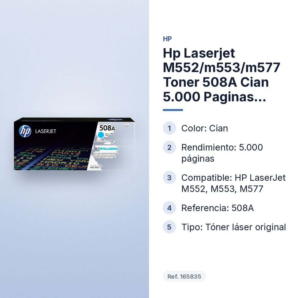 HP LASERJET M552/M553/M577 TONER 508A CIAN 5.000 PAGINAS ESTANDARD - características principales