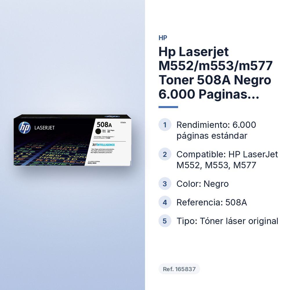 HP LASERJET M552/M553/M577 TONER 508A NEGRO 6.000 PAGINAS ESTANDARD - características principales