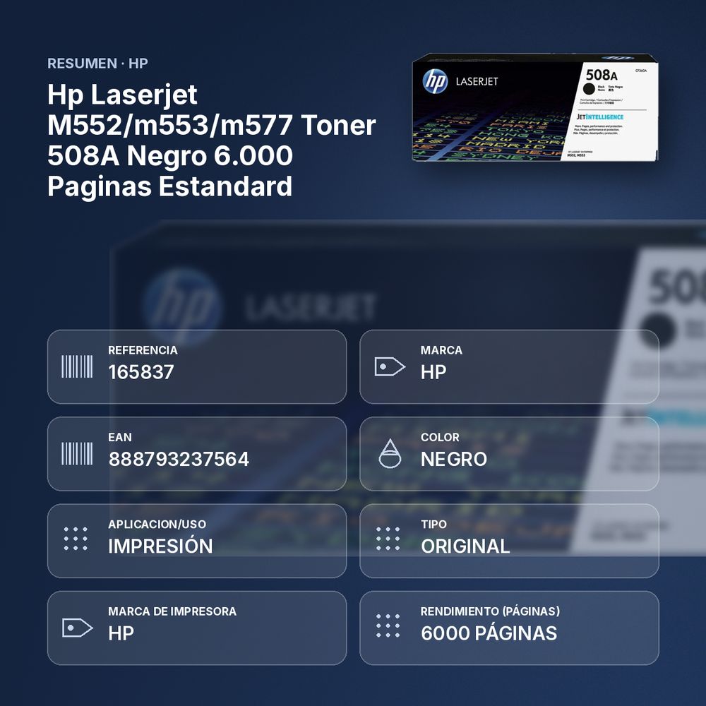 HP LASERJET M552/M553/M577 TONER 508A NEGRO 6.000 PAGINAS ESTANDARD - resumen de atributos