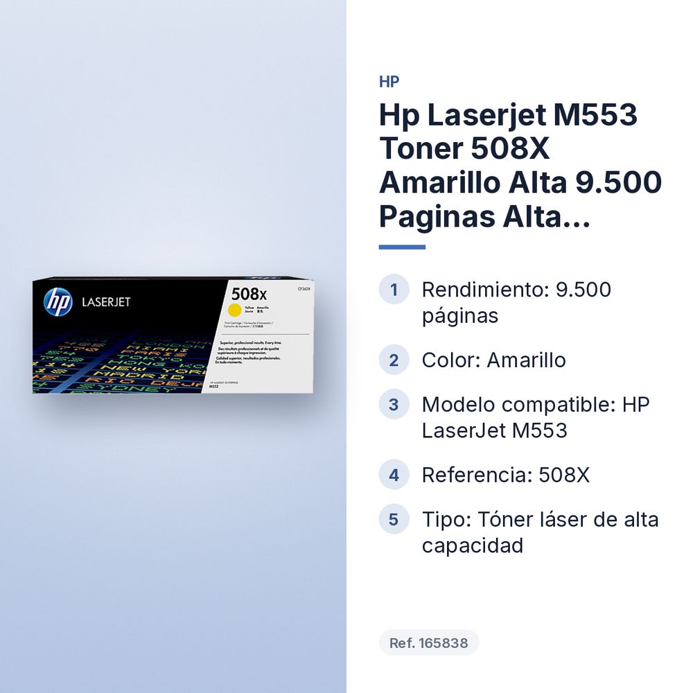 HP LASERJET M553 TONER 508X AMARILLO ALTA 9.500 PAGINAS ALTA CAPACIDAD - características principales