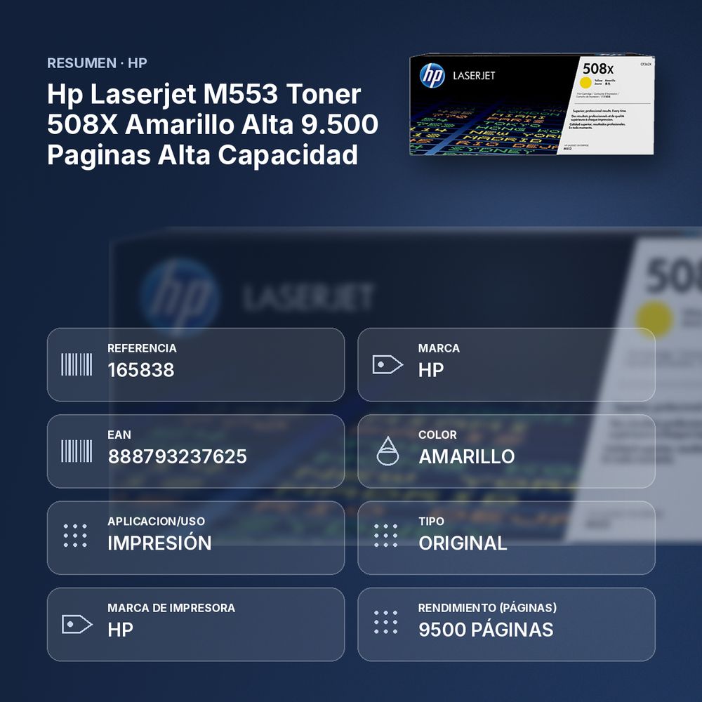 HP LASERJET M553 TONER 508X AMARILLO ALTA 9.500 PAGINAS ALTA CAPACIDAD - resumen de atributos