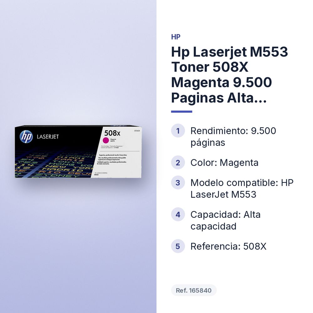 HP LASERJET M553 TONER 508X MAGENTA 9.500 PAGINAS ALTA CAPACIDAD - características principales
