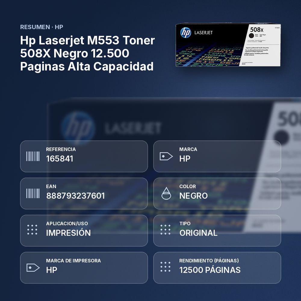 HP LASERJET M553 TONER 508X NEGRO 12.500 PAGINAS ALTA CAPACIDAD - resumen de atributos