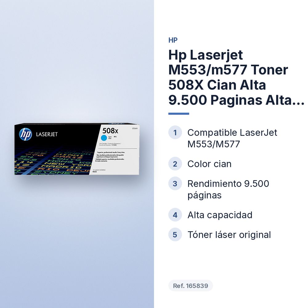 HP LASERJET M553/M577 TONER 508X CIAN ALTA 9.500 PAGINAS ALTA CAPACIDAD - características principales