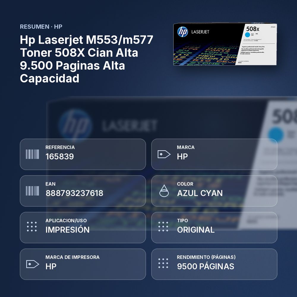 HP LASERJET M553/M577 TONER 508X CIAN ALTA 9.500 PAGINAS ALTA CAPACIDAD - resumen de atributos