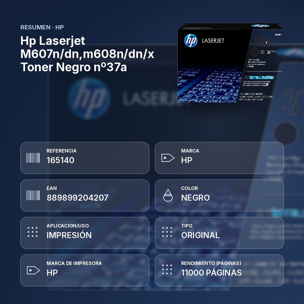 HP LASERJET M607N/DN,M608N/DN/X TONER NEGRO Nº37A - resumen de atributos