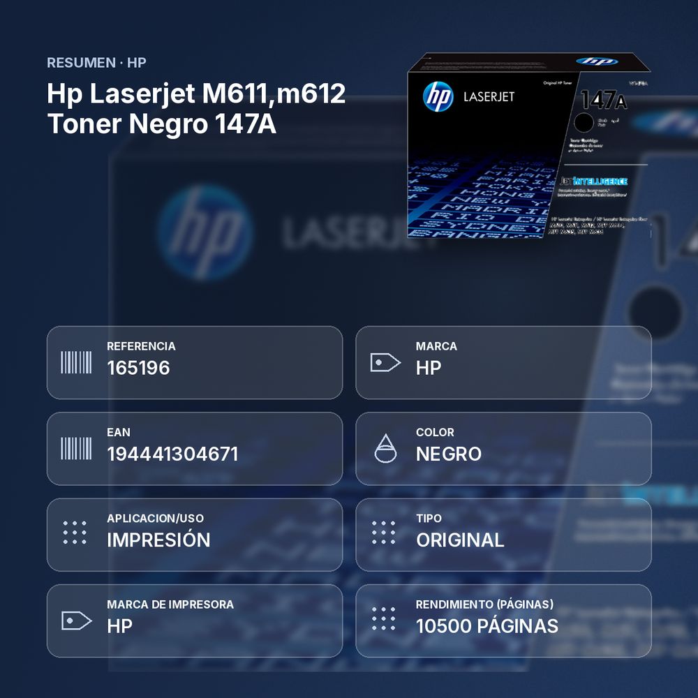 HP LASERJET M611,M612 TONER NEGRO 147A - resumen de atributos
