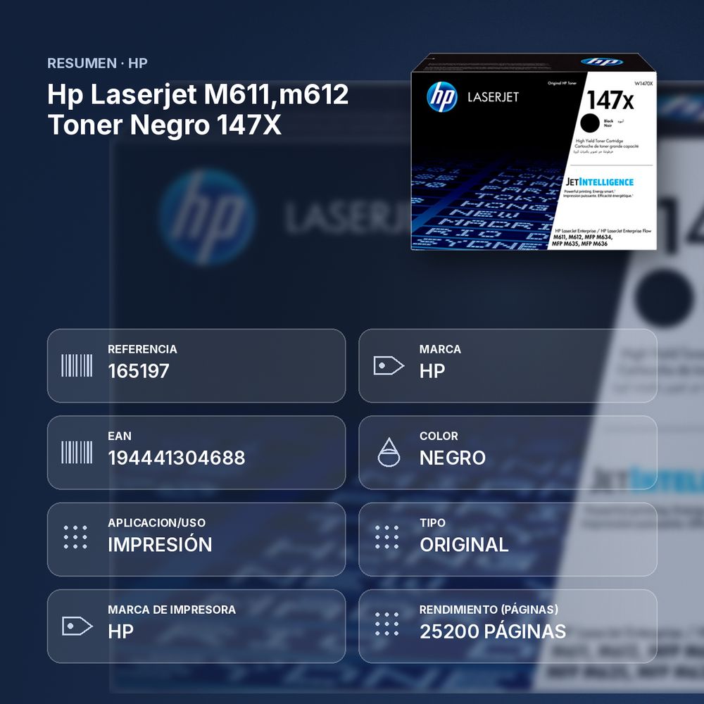 HP LASERJET M611,M612 TONER NEGRO 147X - resumen de atributos