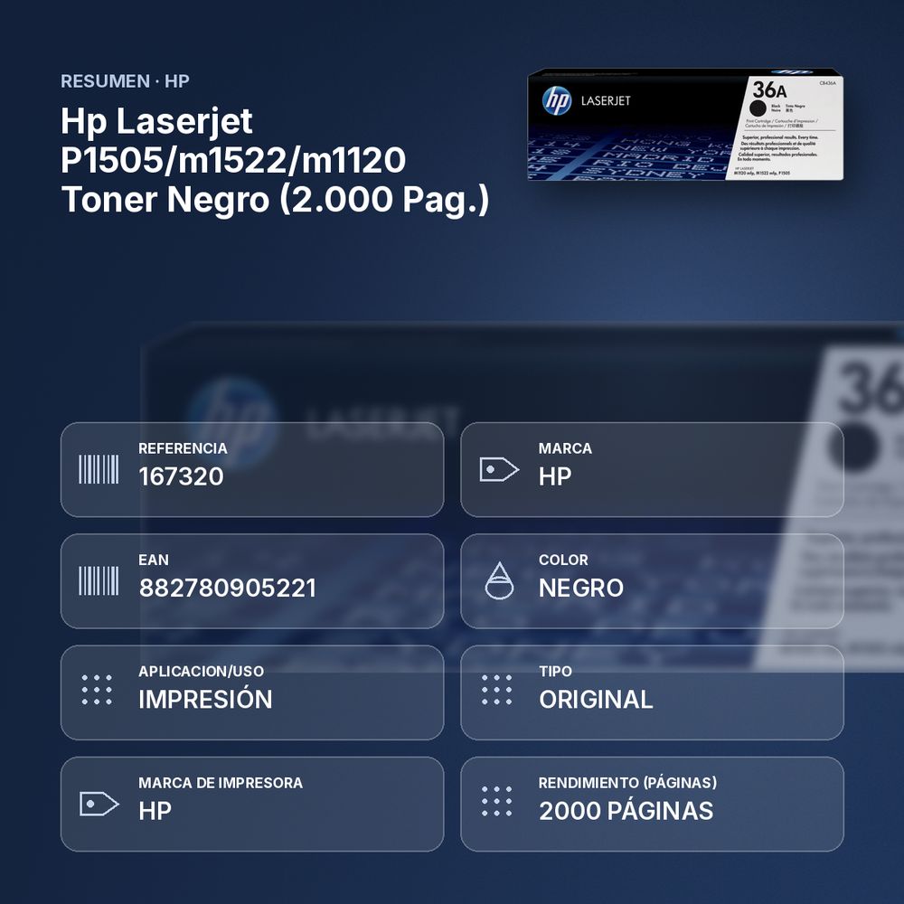 HP LASERJET P1505/M1522/M1120 TONER NEGRO (2.000 PAG.) - resumen de atributos