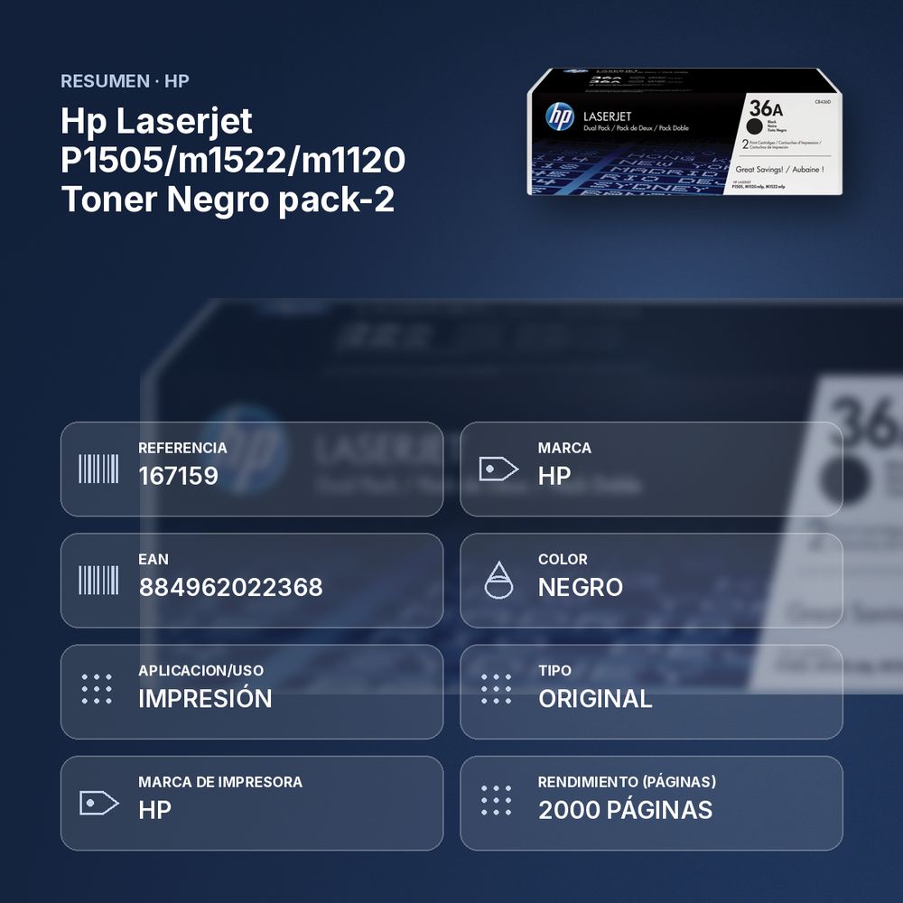 HP LASERJET P1505/M1522/M1120 TONER NEGRO PACK-2 - resumen de atributos