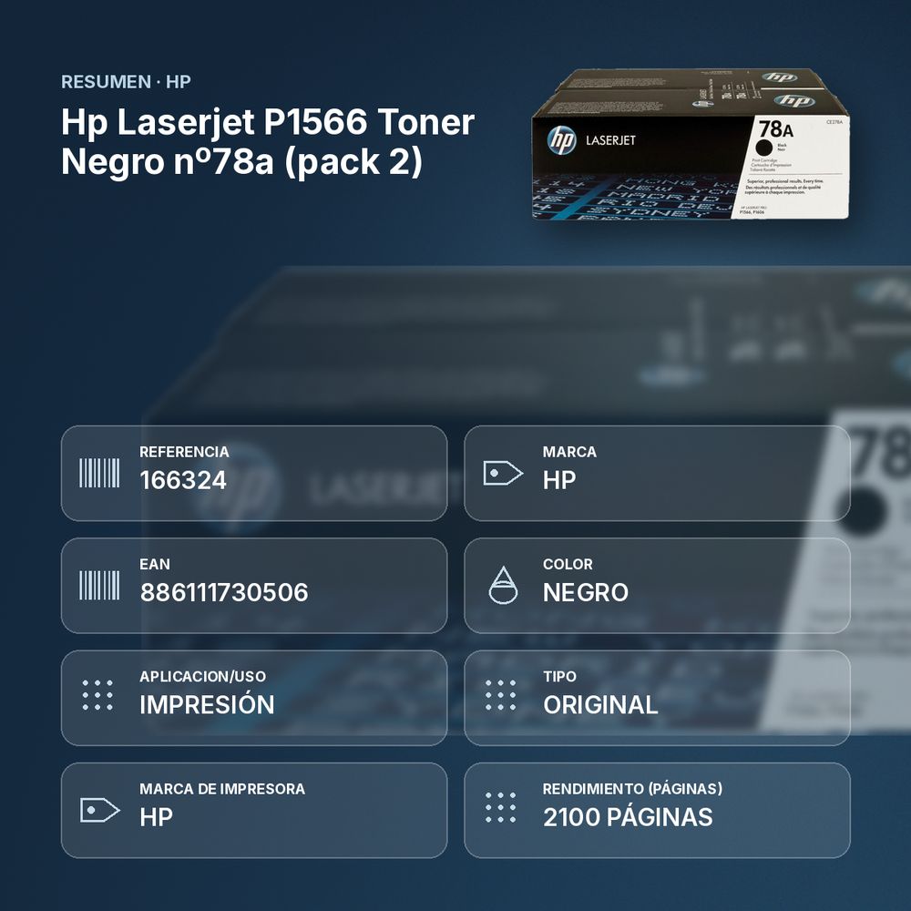 HP LASERJET P1566 TONER NEGRO Nº78A (PACK 2) - resumen de atributos