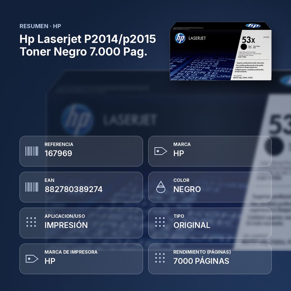 HP LASERJET P2014/P2015 TONER NEGRO 7.000 PAG. - resumen de atributos