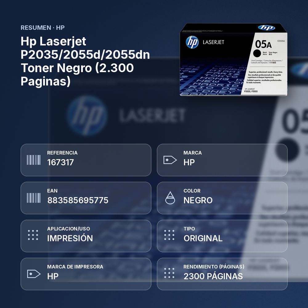 HP LASERJET P2035/2055D/2055DN TONER NEGRO (2.300 PAGINAS) - resumen de atributos