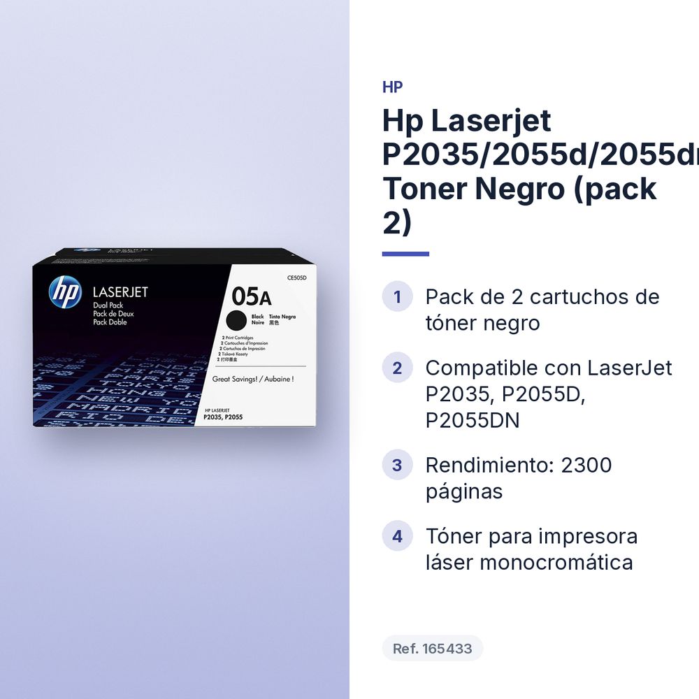 HP LASERJET P2035/2055D/2055DN TONER NEGRO (PACK 2) - características principales