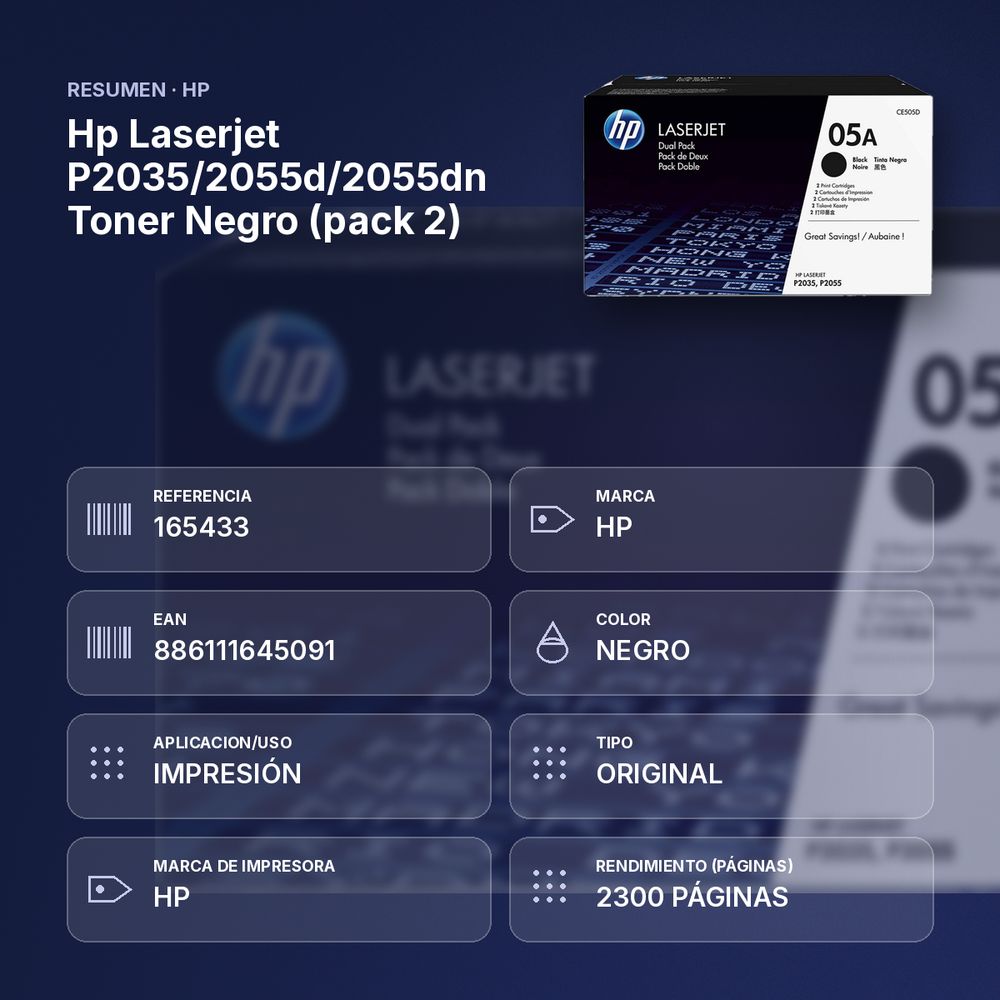 HP LASERJET P2035/2055D/2055DN TONER NEGRO (PACK 2) - resumen de atributos