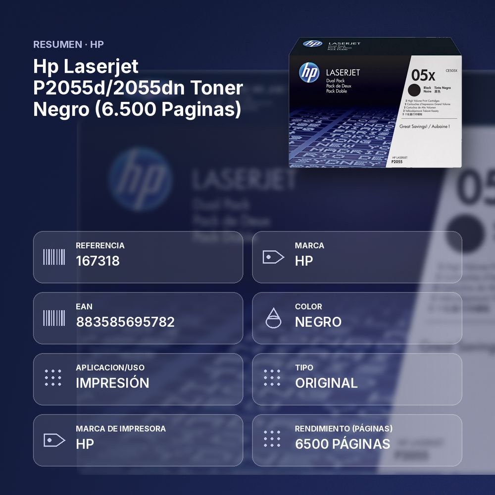 HP LASERJET P2055D/2055DN TONER NEGRO (6.500 PAGINAS) - resumen de atributos