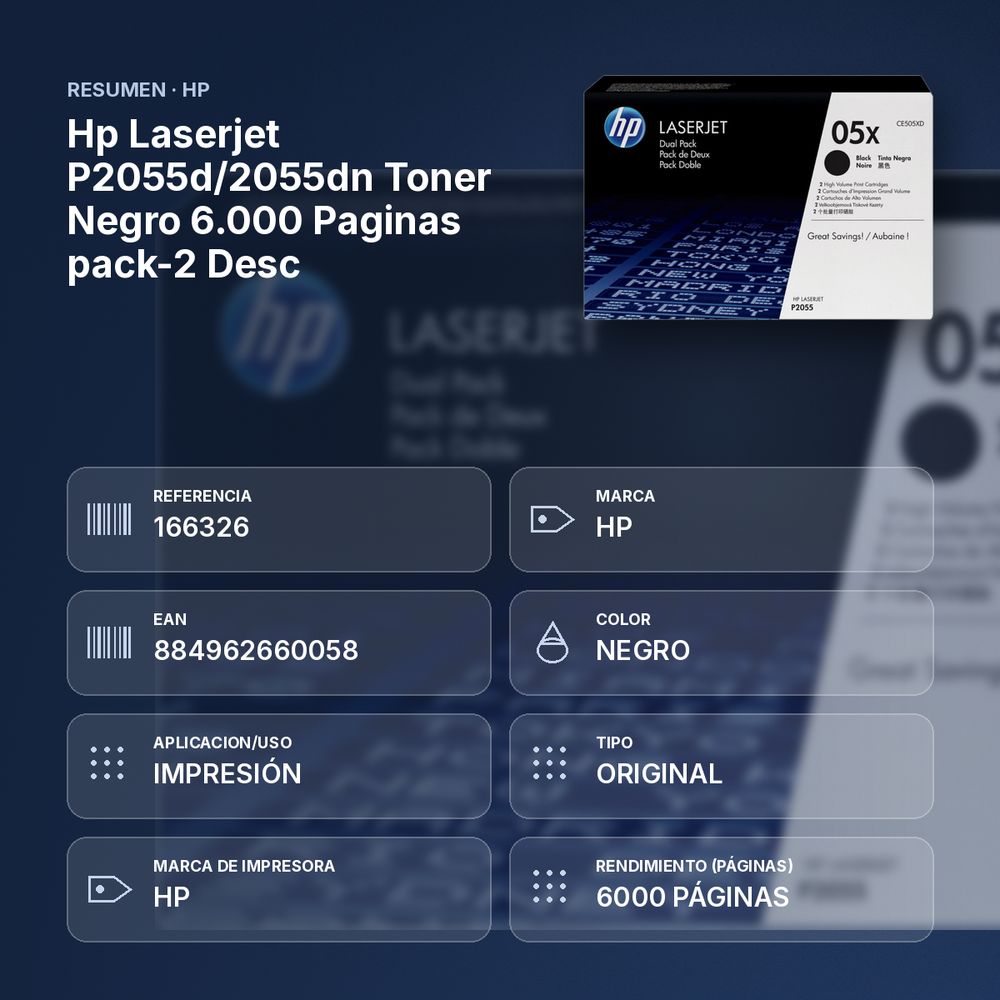 HP LASERJET P2055D/2055DN TONER NEGRO 6.000 PAGINAS PACK-2 DESC - resumen de atributos