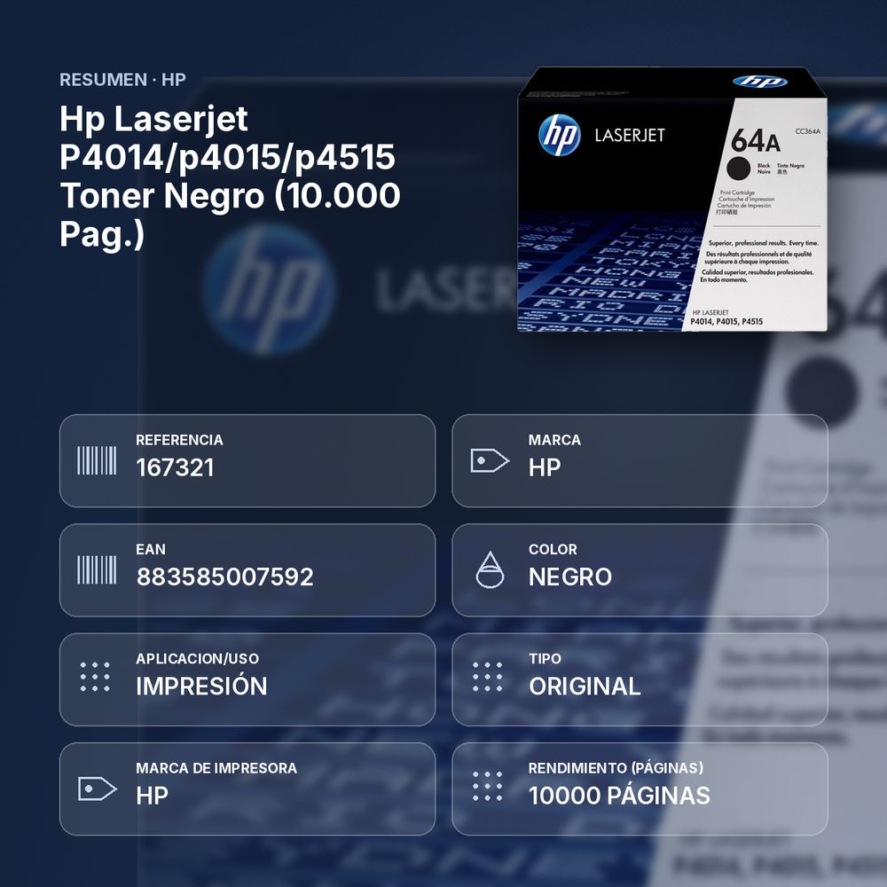 HP LASERJET P4014/P4015/P4515 TONER NEGRO (10.000 PAG.) - resumen de atributos