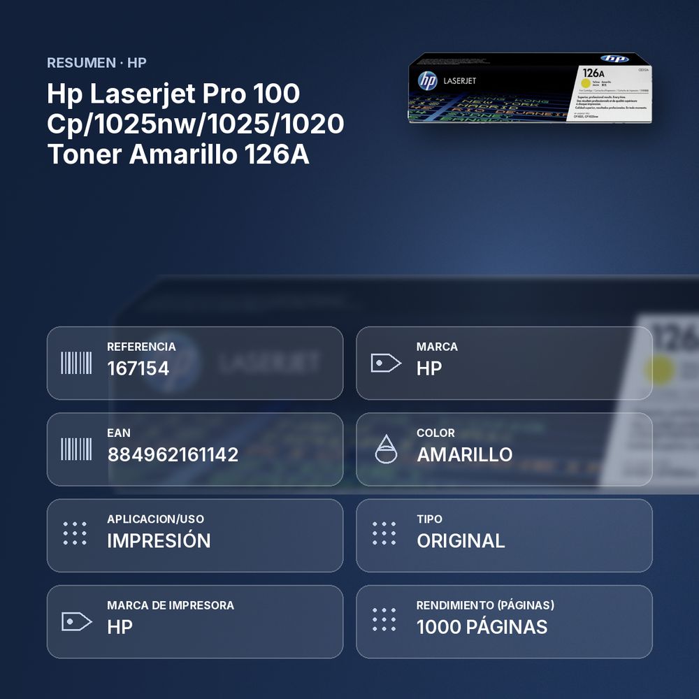 HP LASERJET PRO 100 CP/1025NW/1025/1020 TONER AMARILLO 126A - resumen de atributos