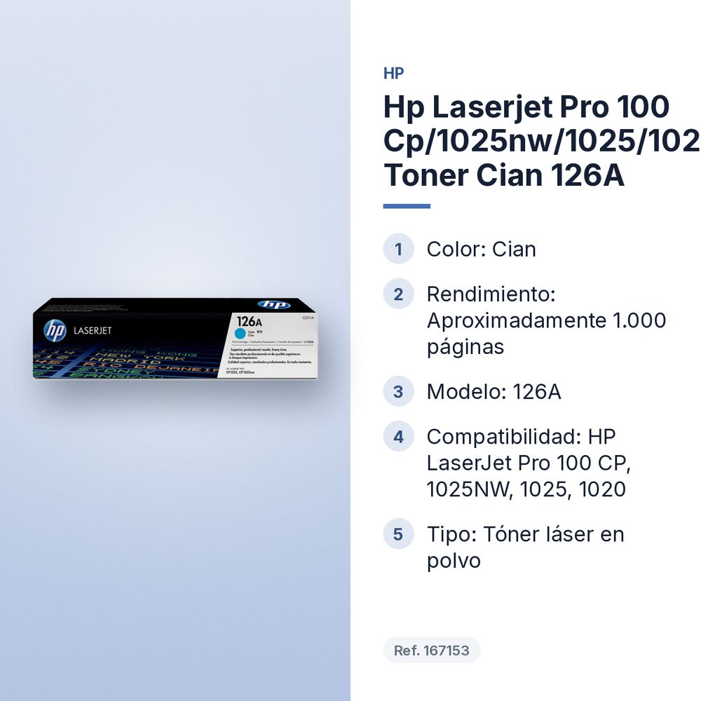 HP LASERJET PRO 100 CP/1025NW/1025/1020 TONER CIAN 126A - características principales