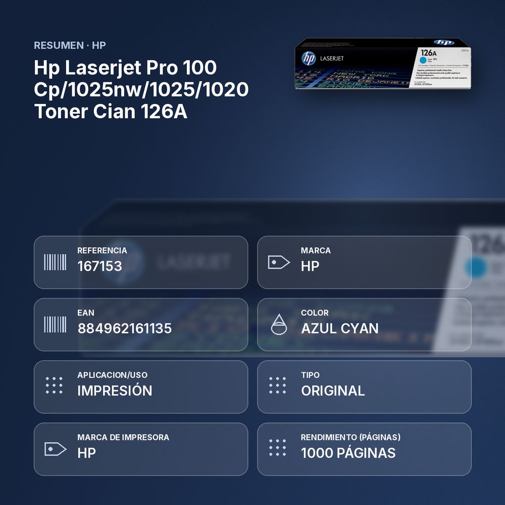 HP LASERJET PRO 100 CP/1025NW/1025/1020 TONER CIAN 126A - resumen de atributos