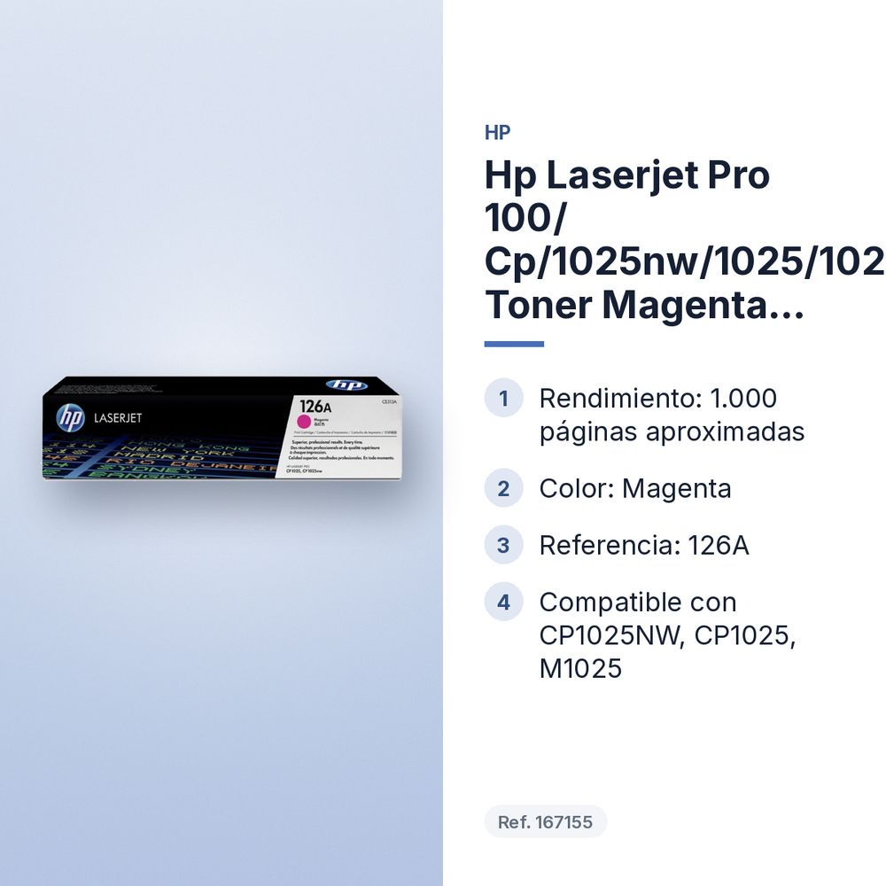 HP LASERJET PRO 100/ CP/1025NW/1025/1020 TONER MAGENTA 126A - características principales