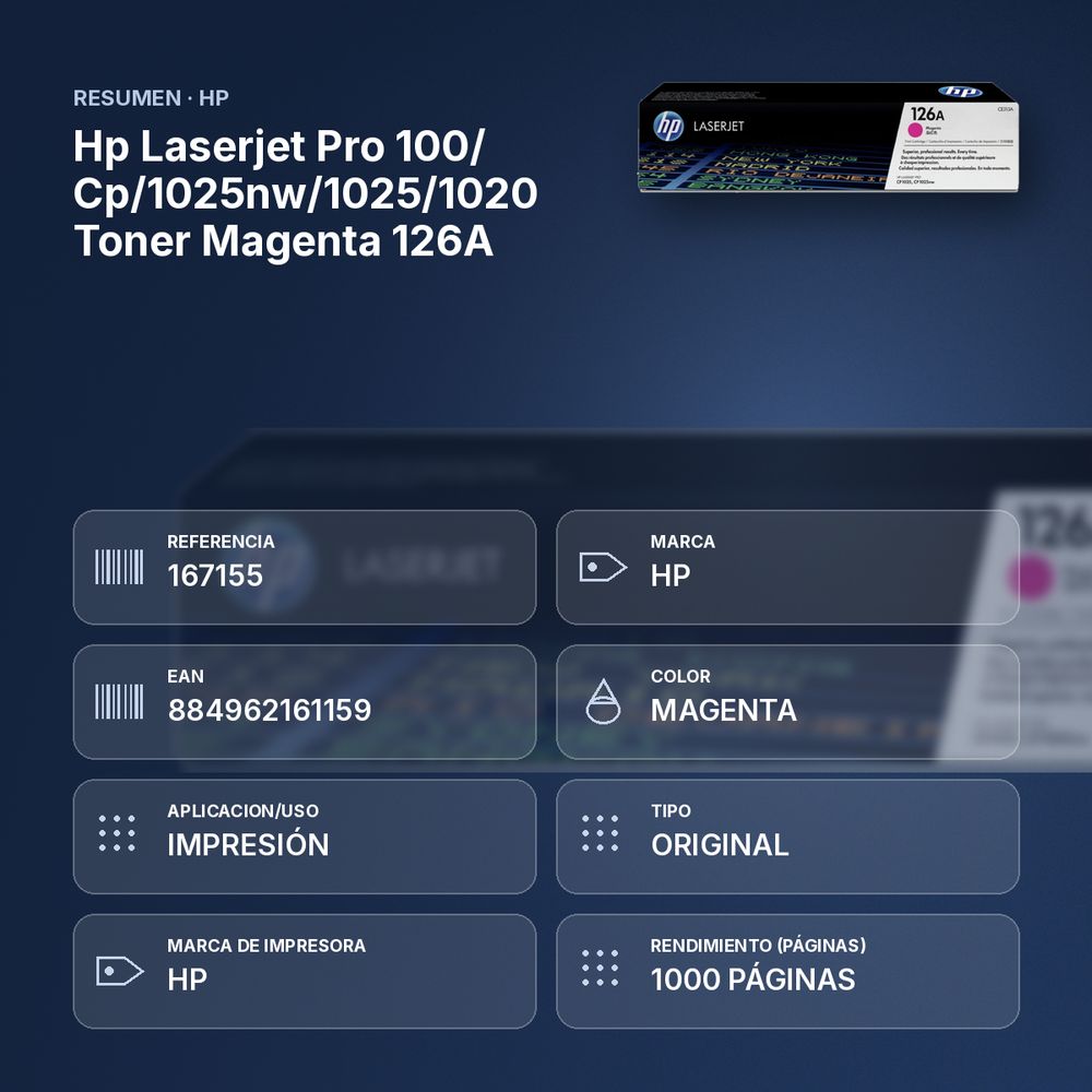 HP LASERJET PRO 100/ CP/1025NW/1025/1020 TONER MAGENTA 126A - resumen de atributos