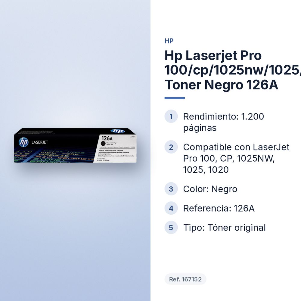 HP LASERJET PRO 100/CP/1025NW/1025/1020 TONER NEGRO 126A - características principales