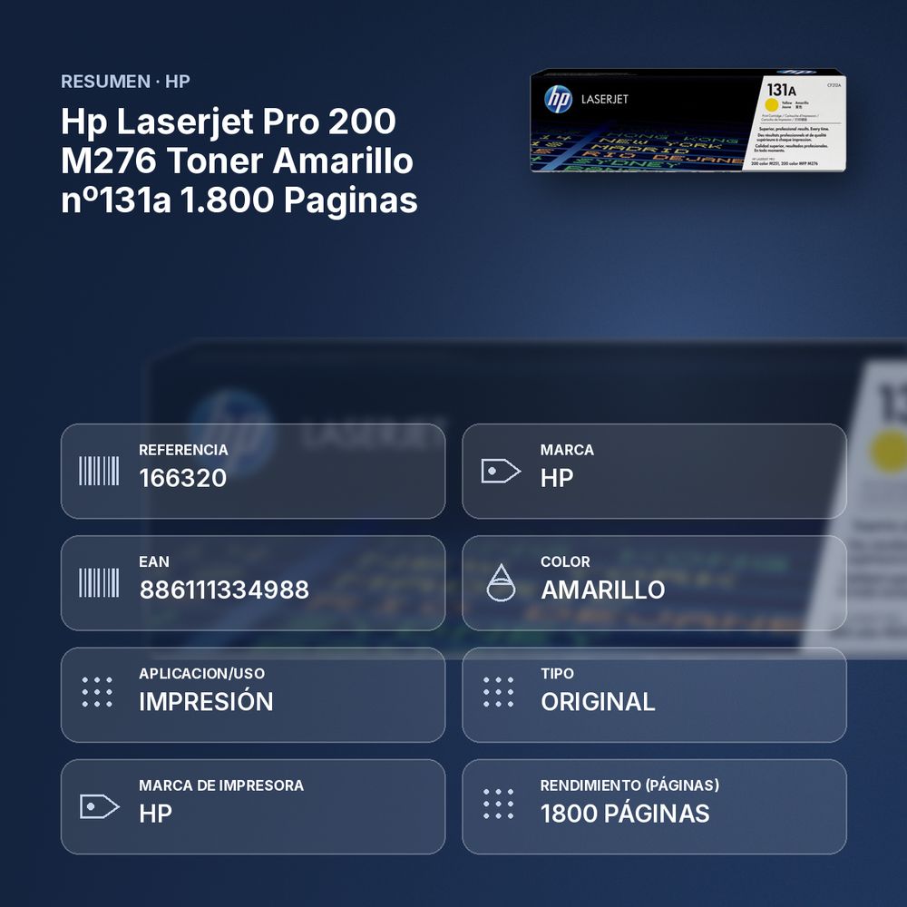 HP LASERJET PRO 200 M276 TONER AMARILLO Nº131A 1.800 PAGINAS - resumen de atributos