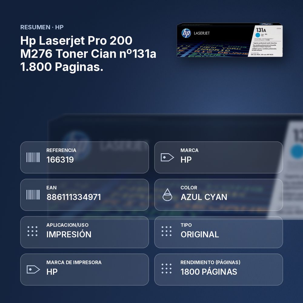 HP LASERJET PRO 200 M276 TONER CIAN Nº131A 1.800 PAGINAS. - resumen de atributos
