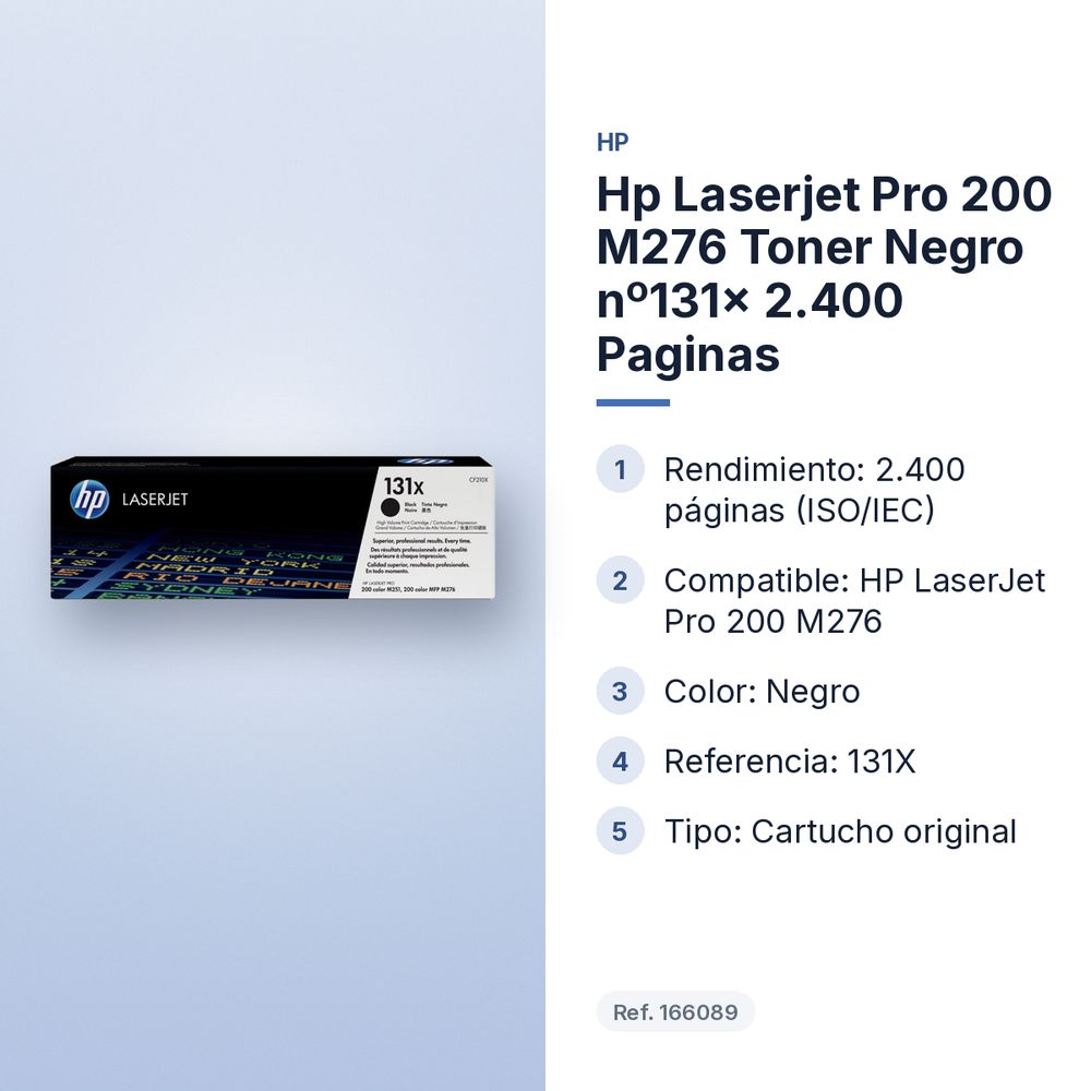 HP LASERJET PRO 200 M276 TONER NEGRO Nº131X 2.400 PAGINAS - características principales