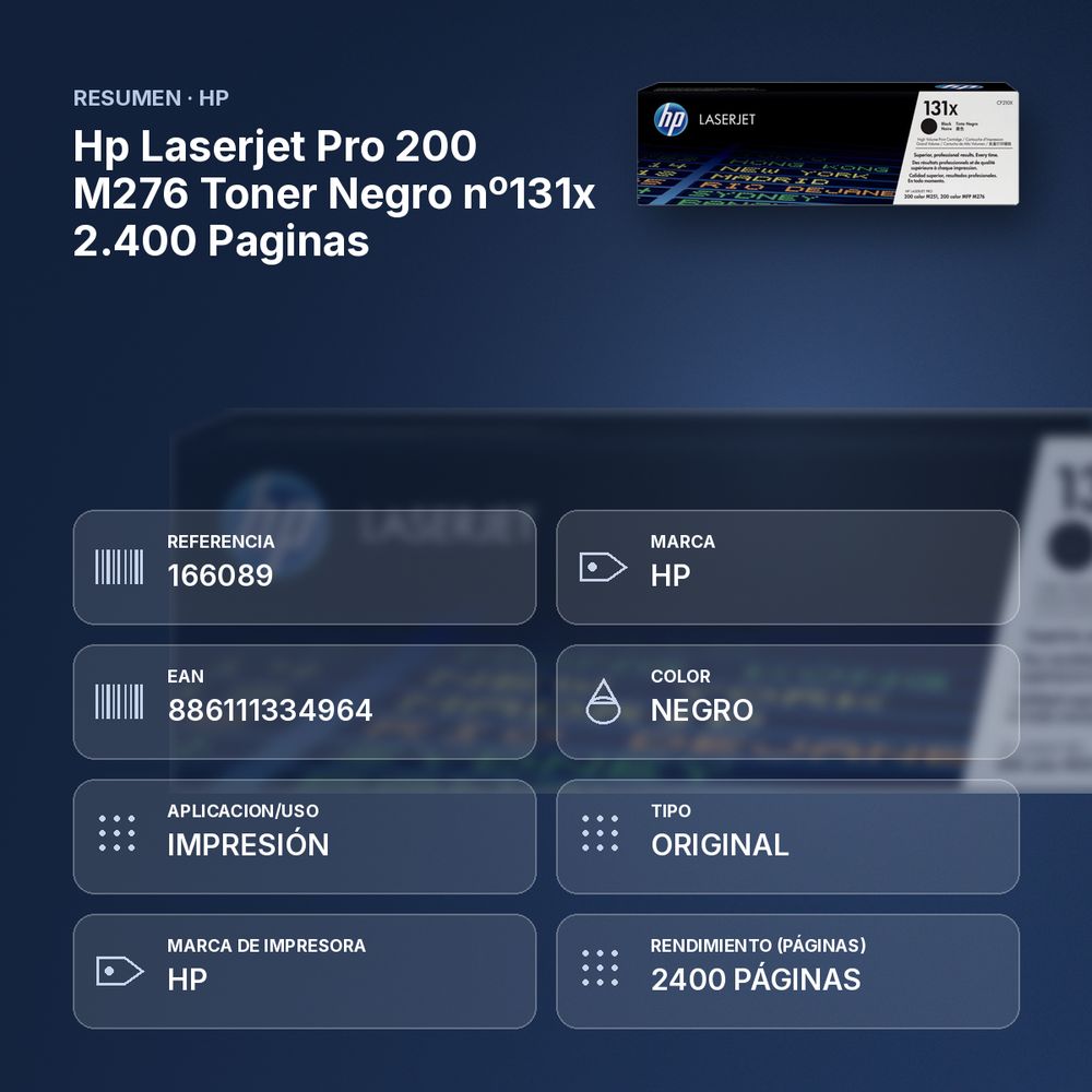 HP LASERJET PRO 200 M276 TONER NEGRO Nº131X 2.400 PAGINAS - resumen de atributos