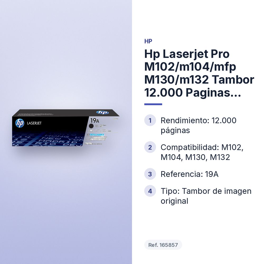 HP LASERJET PRO M102/M104/MFP M130/M132 TAMBOR  12.000 PAGINAS. 19A - características principales